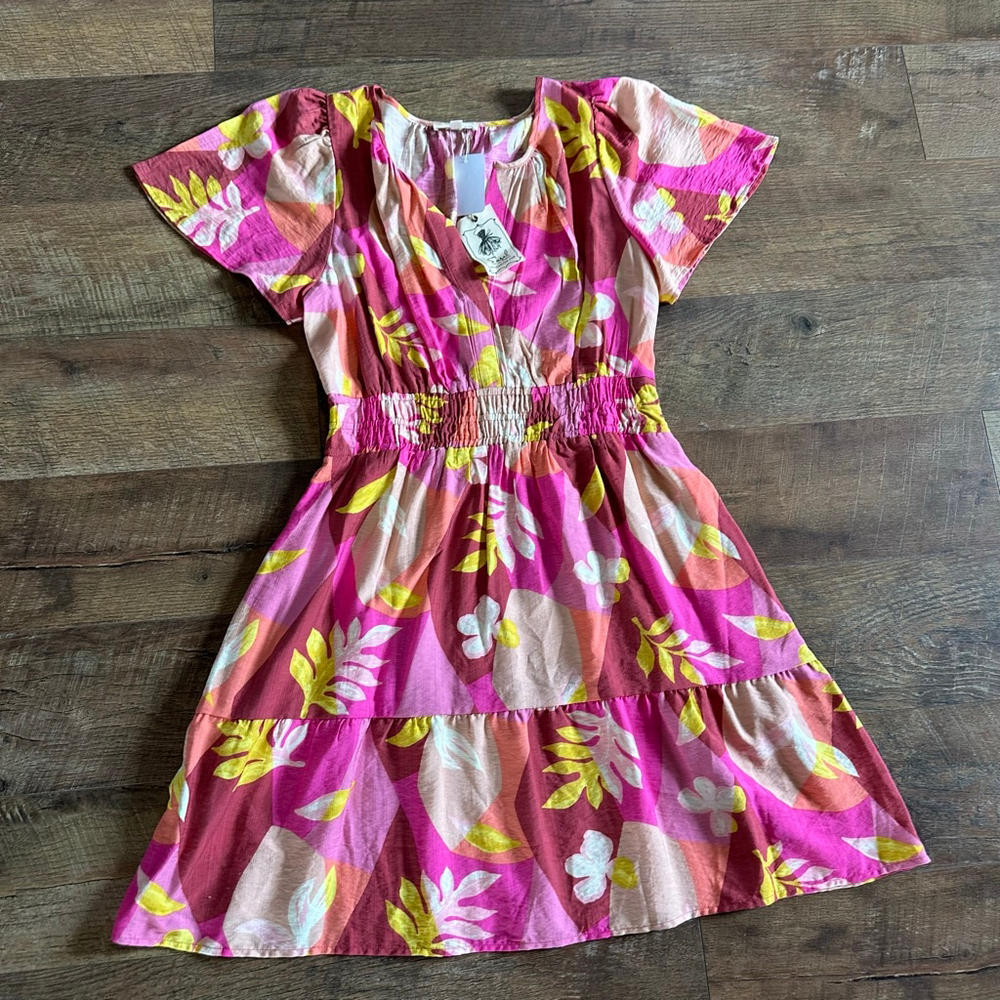 Women's Easel Pink & Yellow Floral Mini Dress M Pink